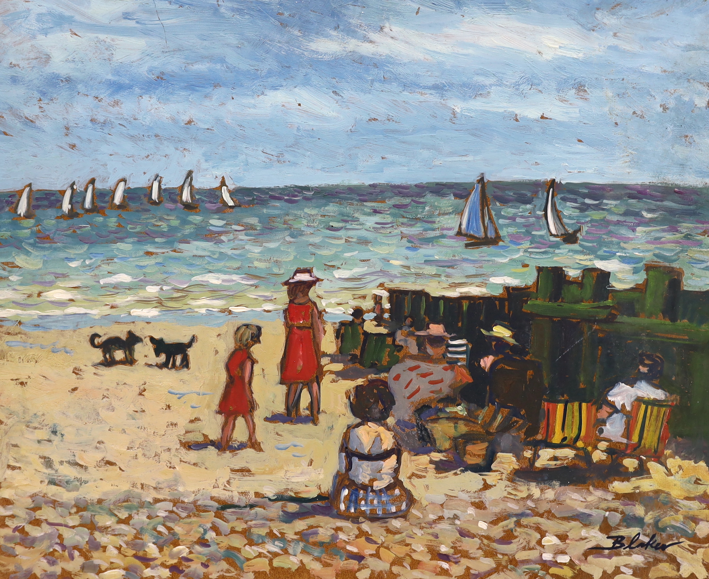 Michael John Blaker (1928-2018), two oils on board, ‘beach scene, Sussex’ and ‘Breezy day, near Brighton’, signed, largest 50 x 60cm unframed